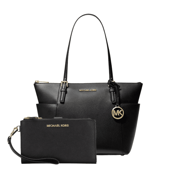 Michael Kors Jet Set Top-Zip Saffiano Leather Tote in Black - Medium    Double Zip Wristlet