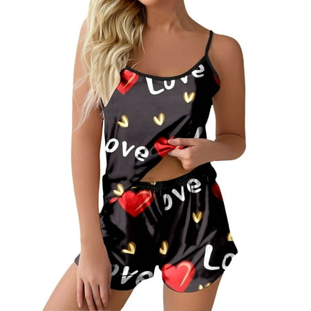 

Women Funny Printed Camisole And Shorts Home Sleeveless Top Pajamas Casual Sleepwear