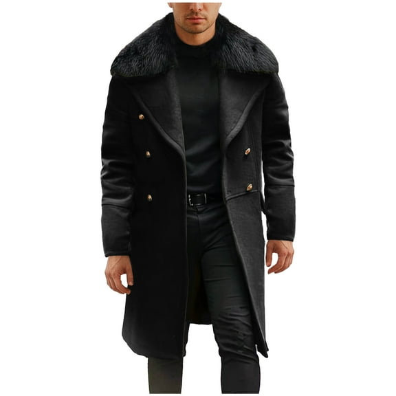 FAHUOMU Mens Wool Blend Double Breasted Overcoat Winter Slim Fit Long Trench Coat Classic Lightweight Business Pea Jacket