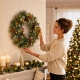 thumbnail image 6 of Kuokaa Lighted Snowy Pinecone Christmas Wreath, 17.72 x 17.72 in Green PVC Pine Needle Wreath with Red Berries, Holiday Front Door Wall Window Fireplace Decor, 6 of 7