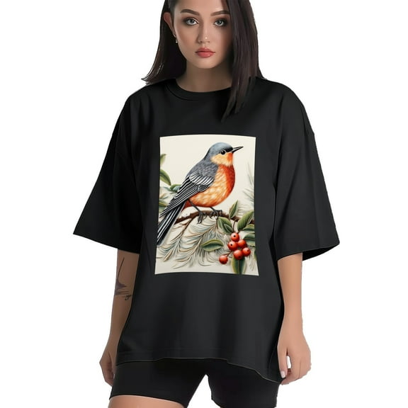 Plus Size Shirt for Women Black Tops for Women Short Sleeves Shirt for Women Red-Browed Bird And Flower 3 T Shirt Crewneck Shirt for Women XS