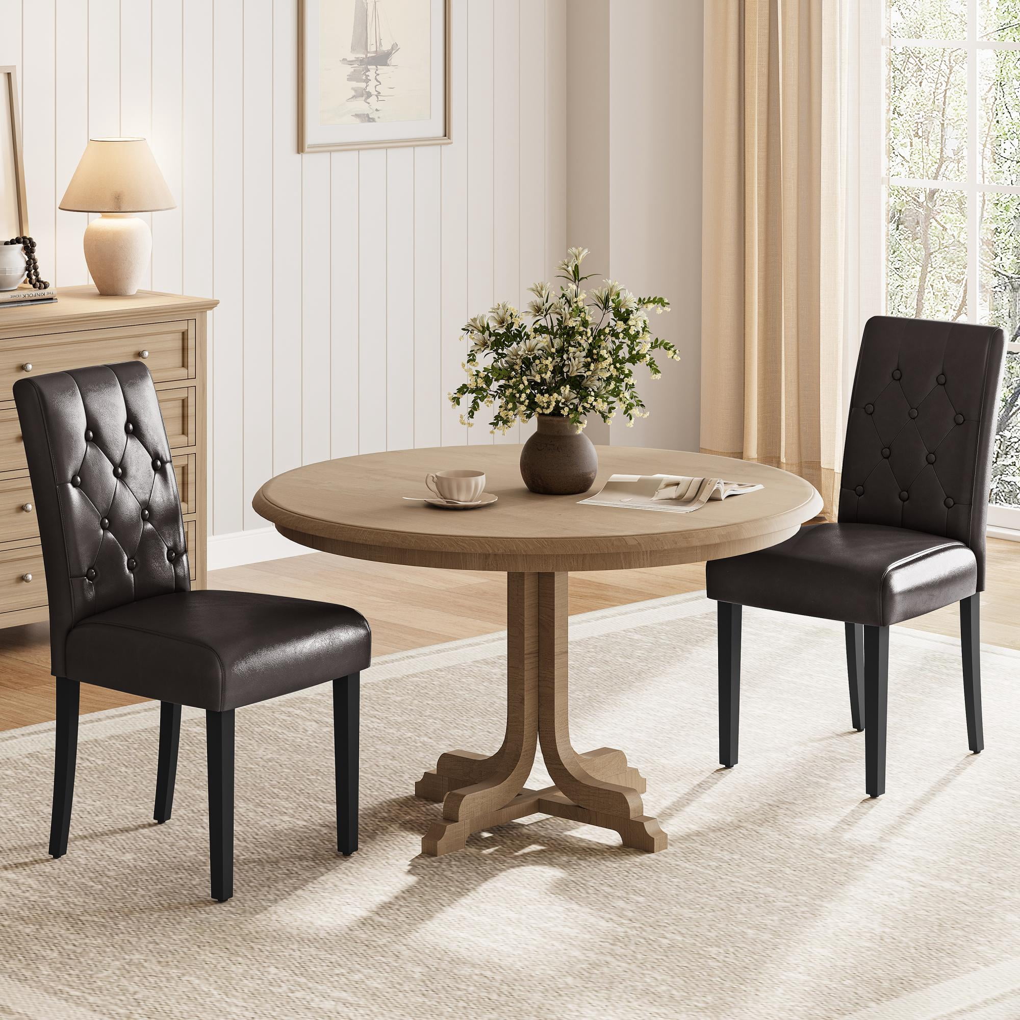 Alden Design Tufted Upholstered Parson Faux Leather Dining Chair with Solid Wood Legs, Set of 2, Brown