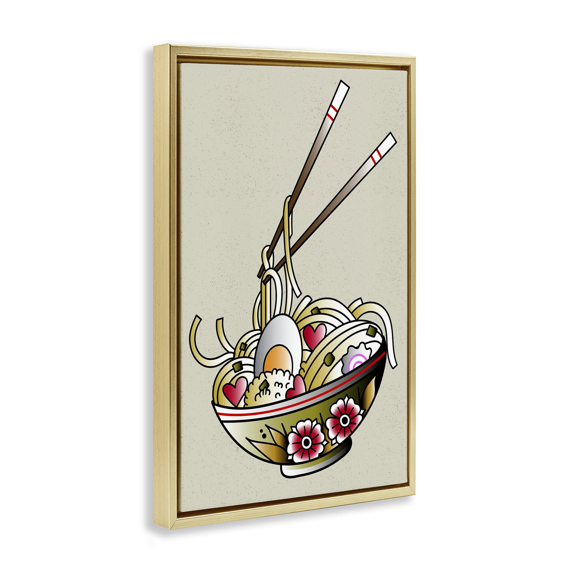 Stupell Industries Tattoo Style Ramen Bowl Food & Beverage Painting Gold Floater Framed Canvas Art Print Wall Art, 17 x 25