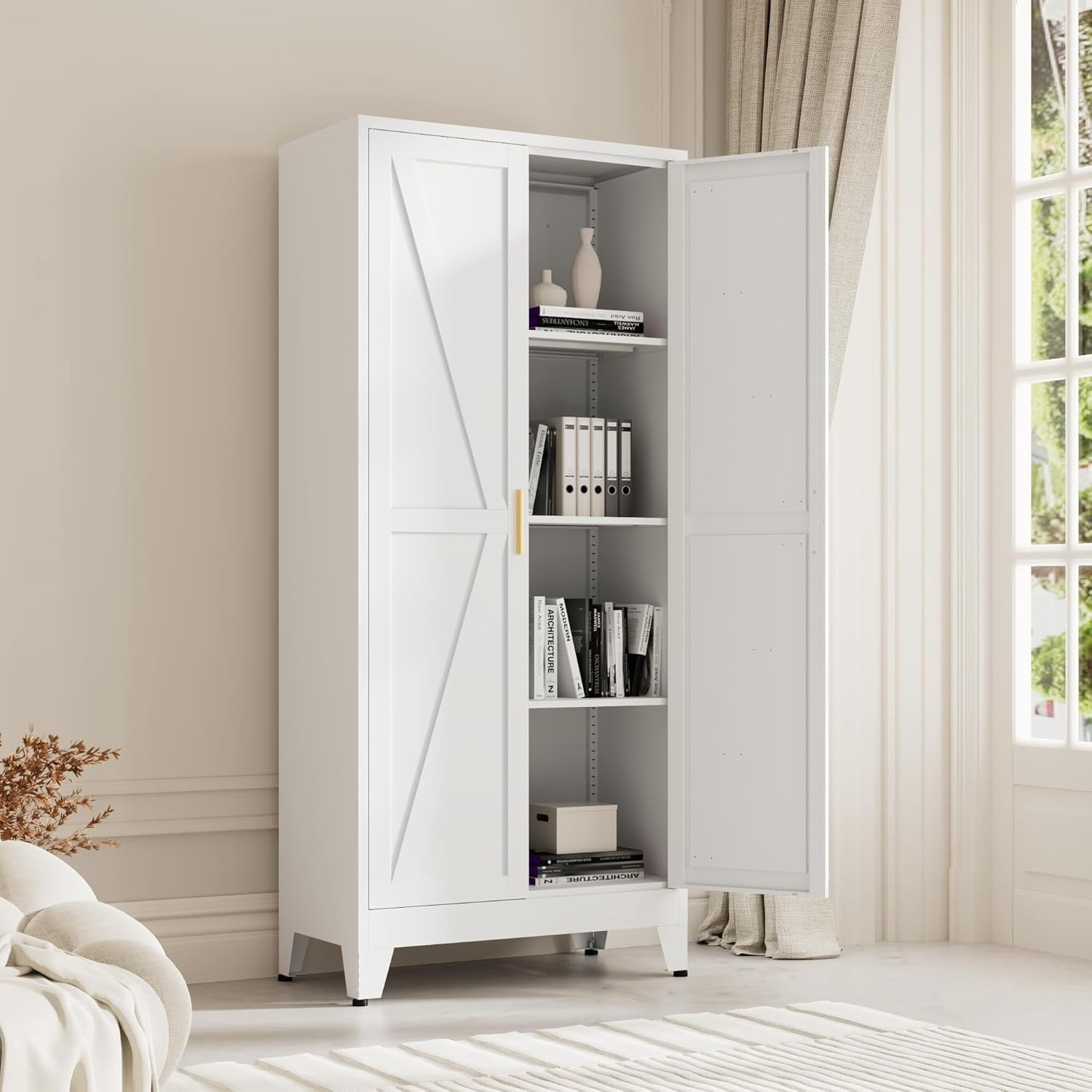 WDZS Large Metal Kitchen Pantry Cabinet with Adjustable Shelves - Freestanding Kitchen Storage Cabinet for Dining Room,Livingroom Bathroom, Hallway, Workshop, Office,White