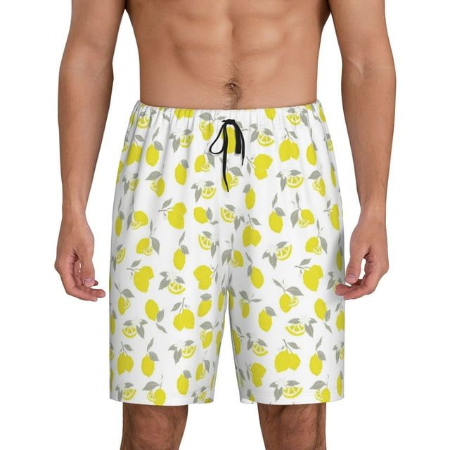 Balery Yellow Lemon Leaves Pantalones cortos de pijama de punto de algodón para hombre con cinturilla y bolsillos-Medium