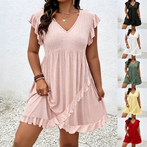 HAOTAGS Womens Summer Dresses Deep V-Neckline Colorblock Panel Seam Flared A-Line Skirt Plus Size Summer Dress Pink Size 5XL