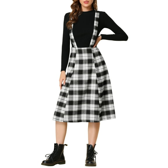 MODA NOVA Junior's Retro Plaid Tartan A-Line Suspender Midi Skirt