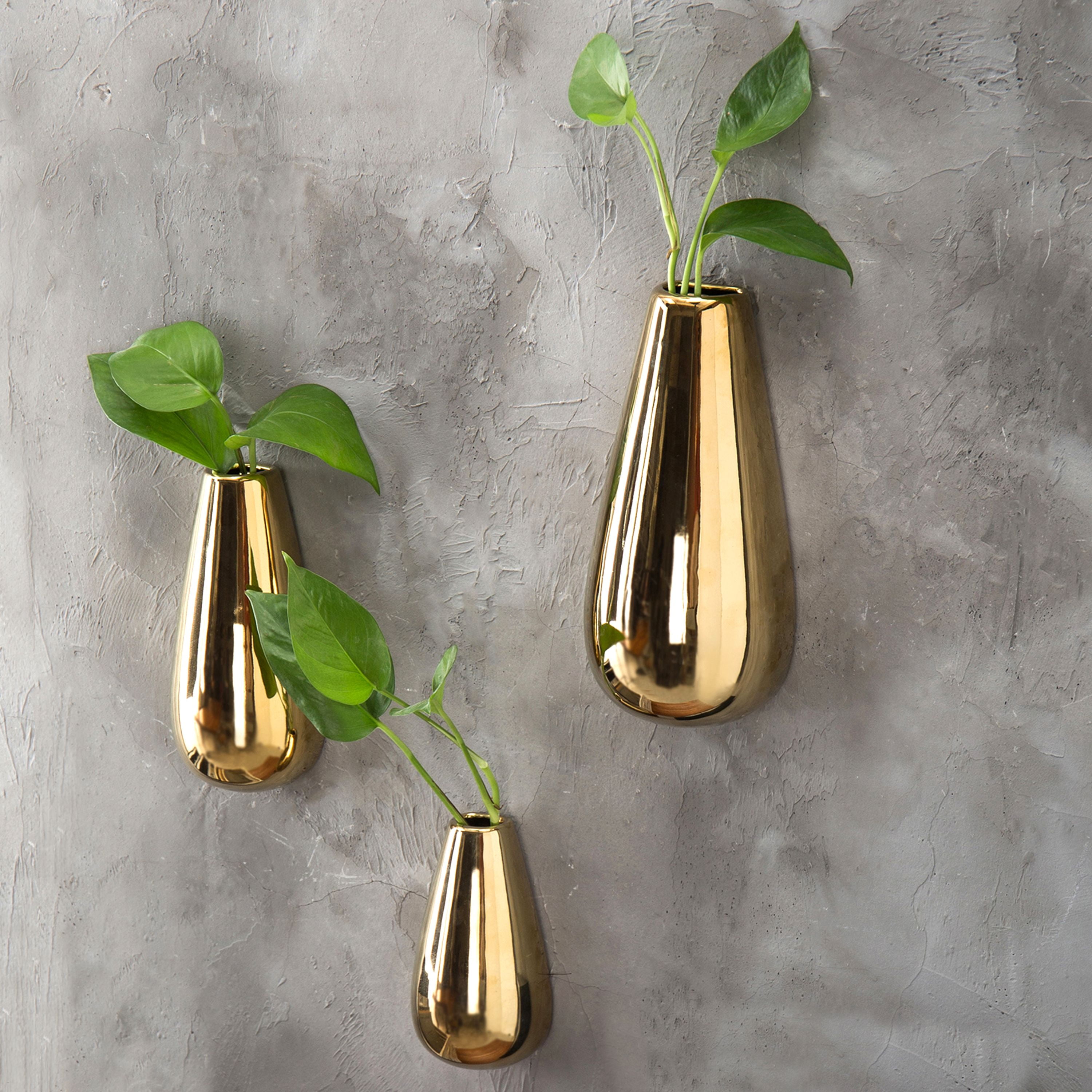 MyGift Modern Metallic GoldTone Ceramic WallMounted Flower Vases, Set of 3