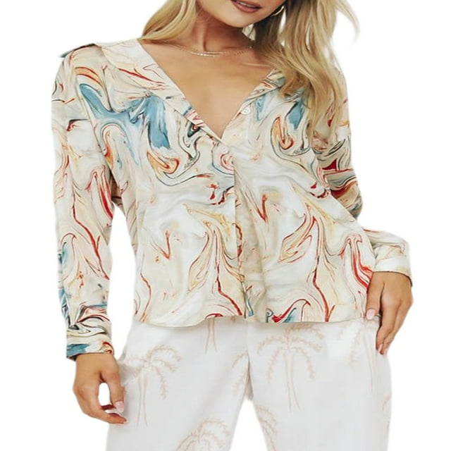 MesaSe Women Button Down Shirts Turn Down Collar Striped Pattern Single Breasted Long Sleeve Shirt Tops