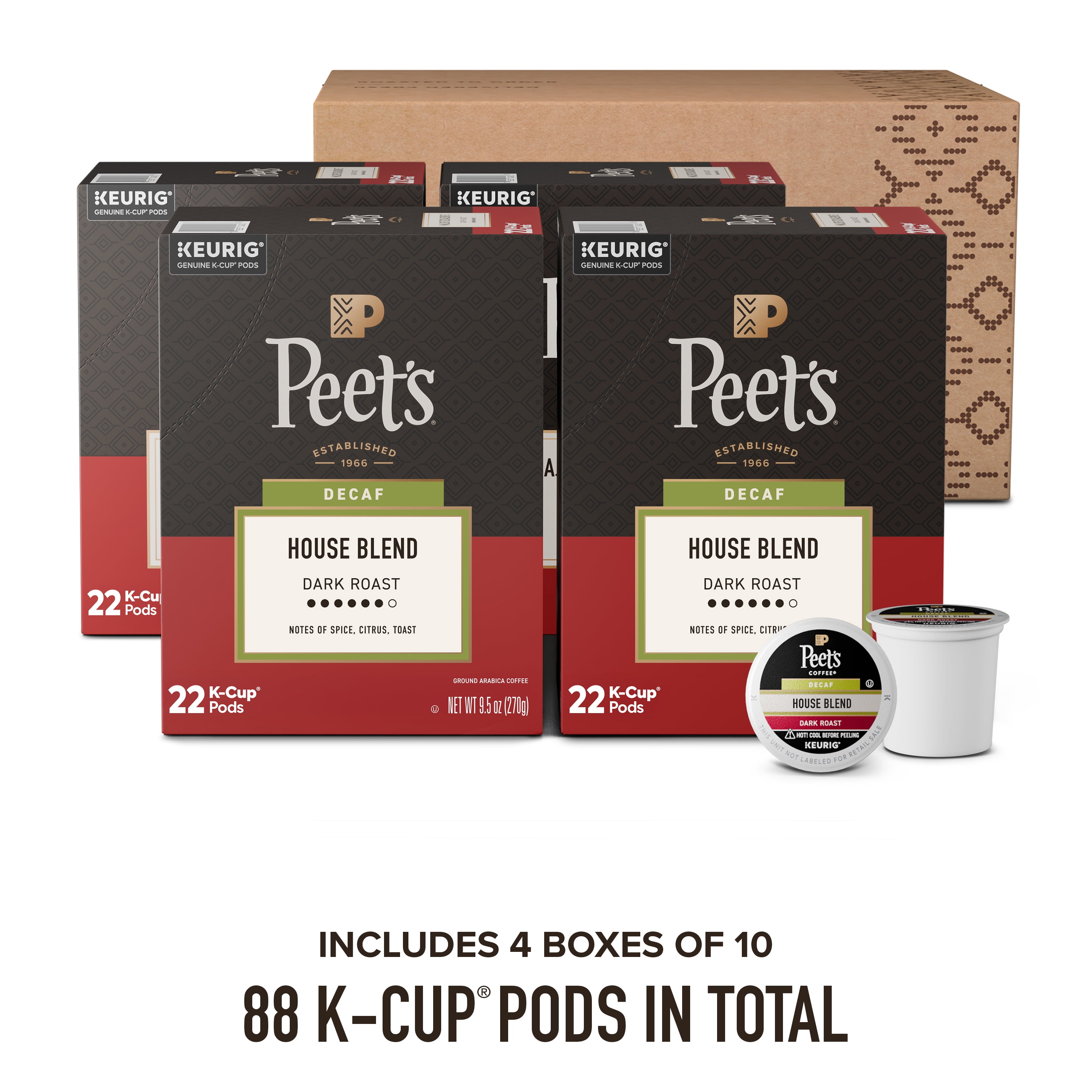 (4 pack) Peet's Coffee Decaf House Blend Premium Dark Roast Single Serve Coffee Pods, 22 Count