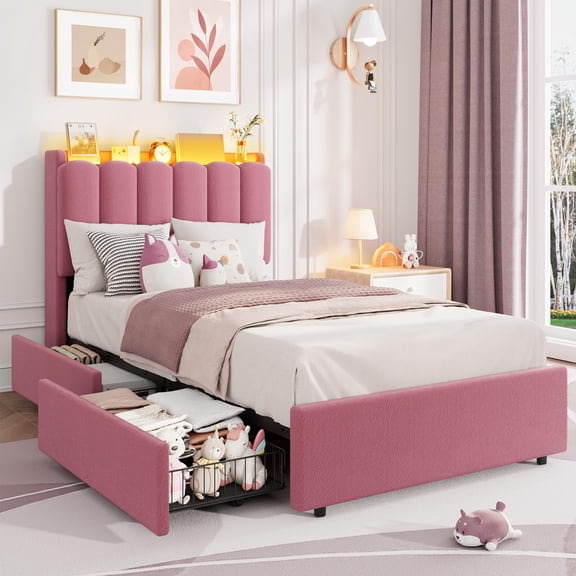 Twin, Twin XL, Full Size LED Bed Frame with Storage Headboard, 2 Drawers, Boucle Upholstered Platform Bed, Wavy Headboard with Bookcase, No Box Spring Needed