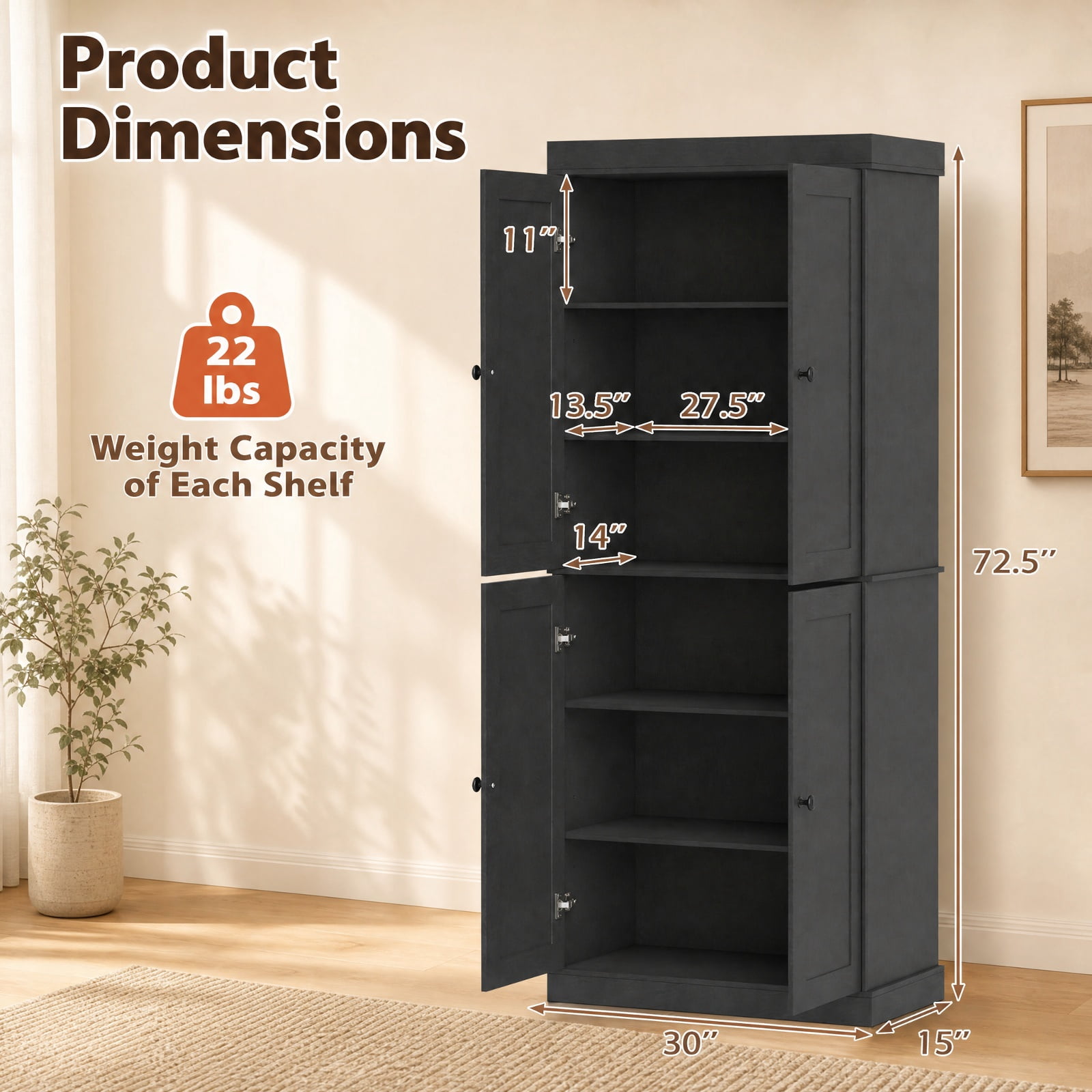 Furnibear 72.5 Inch Tall Kitchen Pantry Cabinet with 2 Adjustable Shelves Enclosed Doors and Anti Tipping Kits for Kitchen and Dining Room, Black