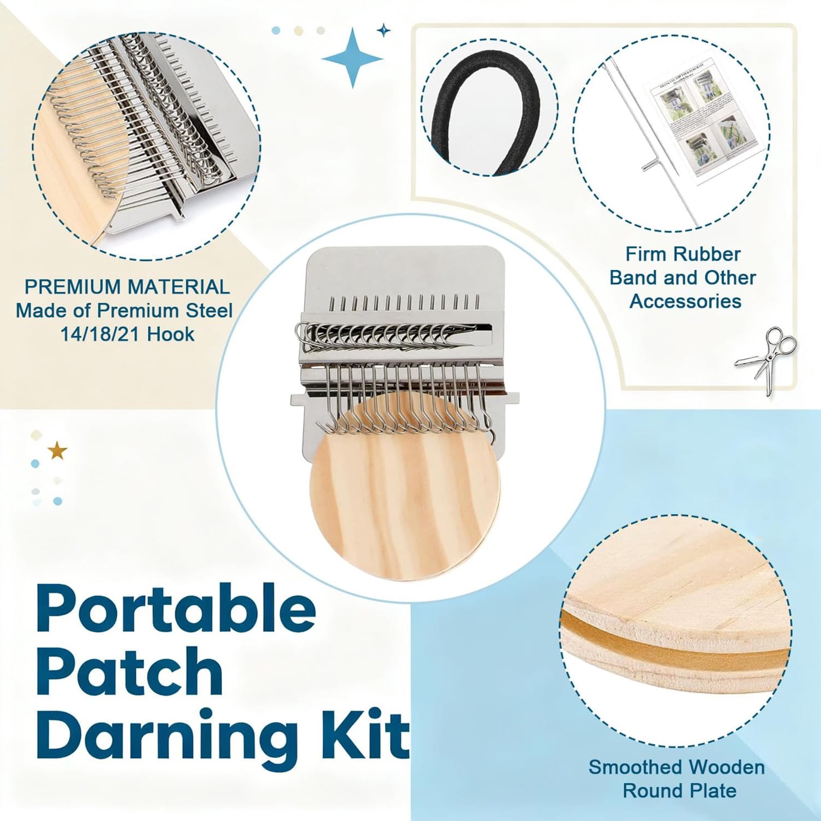 Knit Patch Kit PatchMaker 2.0, Portable Darning Loom for Beginners, Knitpatch Kit for Holes Repair on Socks, Clothes & Jeans, Patchwork Weaving Tool Set for Quickly Sewing Repair(21 Hooks)