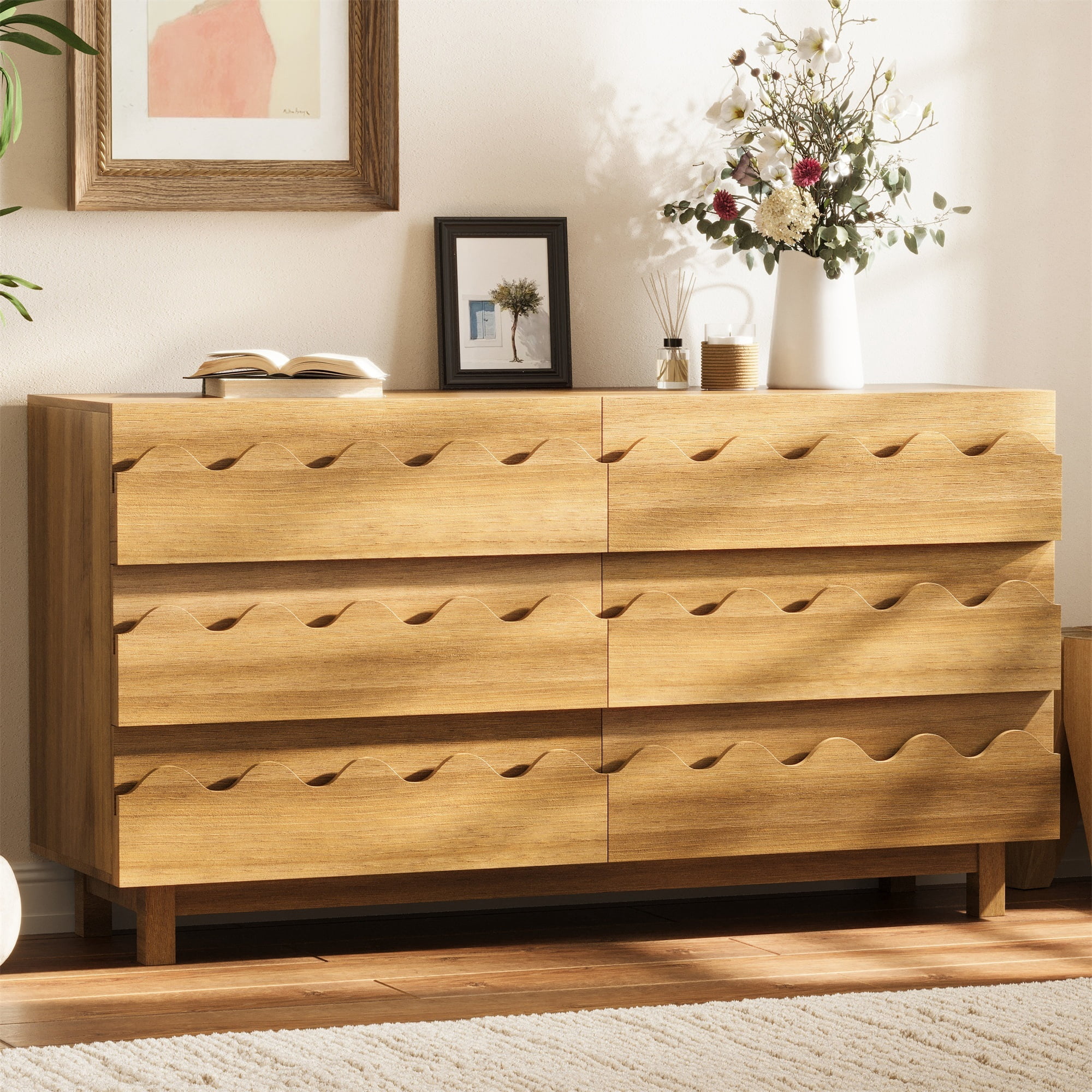 Alvantor 6 Drawer Dresser, 60" Wide Wooden Chest of Drawers, Fluted Dresser for Bedroom Oak