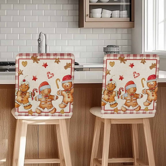 Christmas Vintage Chair Covers Set of 1 Gingerbread Man Red Plaid Chair Back Covers Stretch Removable Washable Slipcovers Protector for Dining Room Kitchen Party Decor