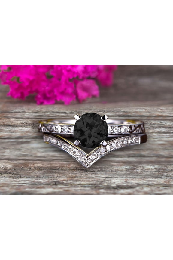 Round Cut 2 Carat Black Diamond Moissanite Bridal Ring Set Anniversary Gift With Stacking Matching Wedding Band 10k White Gold Art Deco