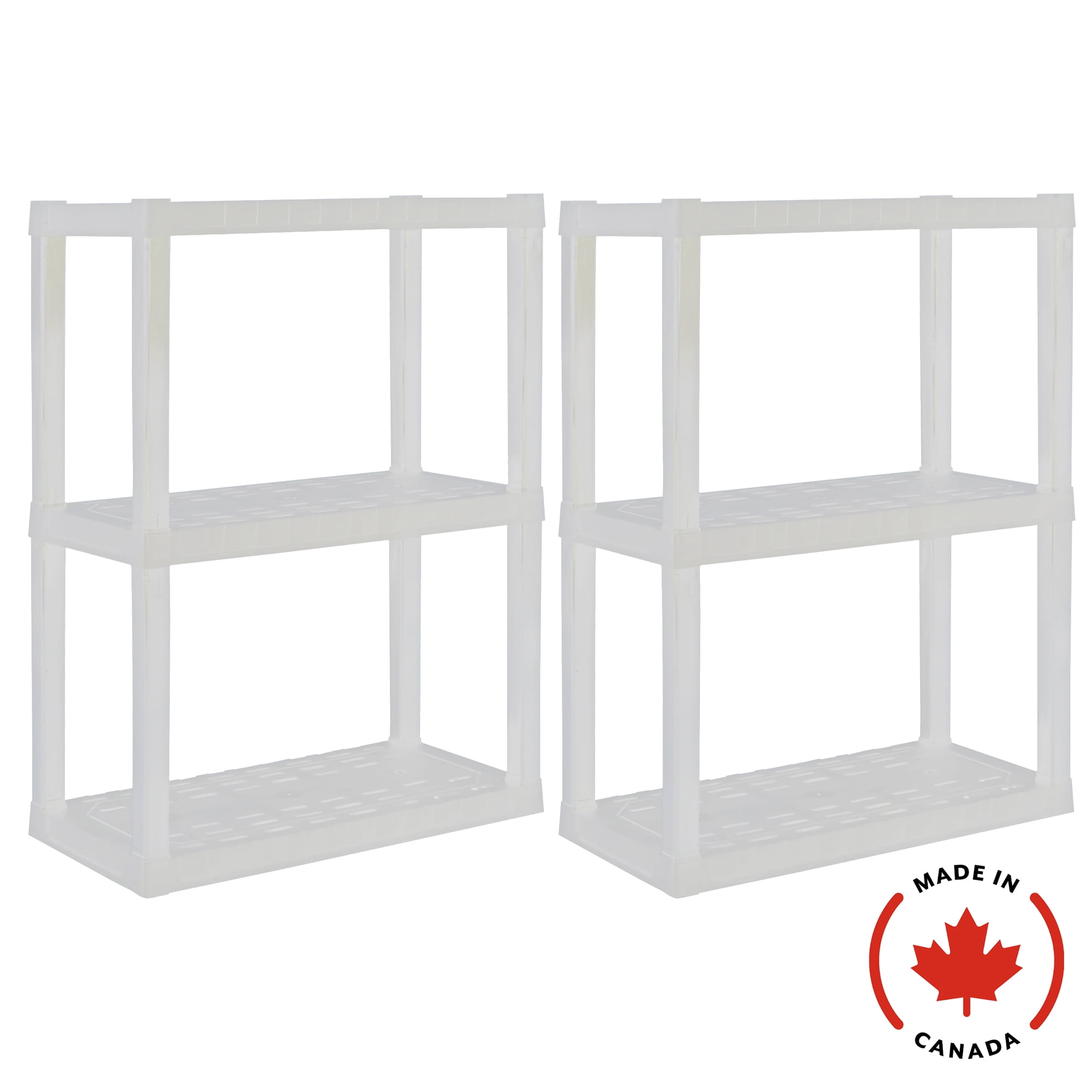 Étagères en plastique ultra-résistantes à 3 niveaux (H 99 cm x P 35 cm x L 76 cm), lot de 2, blanc, capacité totale de 136 kg.