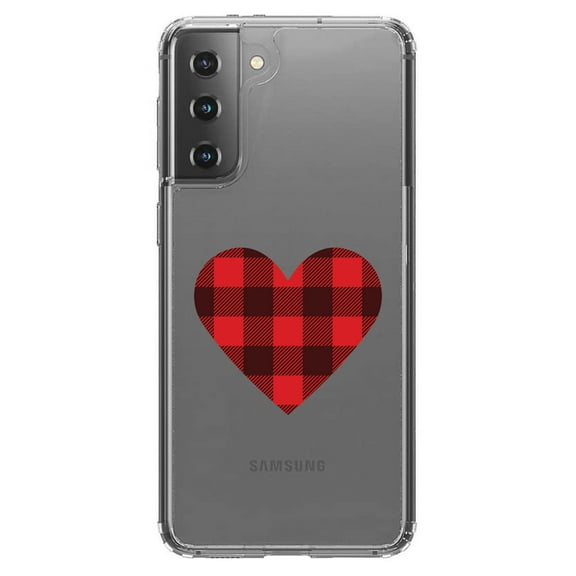 DistinctInk Clear Shockproof Hybrid Case for Galaxy S21 5G (6.2" Screen) - TPU Bumper Acrylic Back Tempered Glass Screen Protector - Buffalo Heart - Red Black Plaid