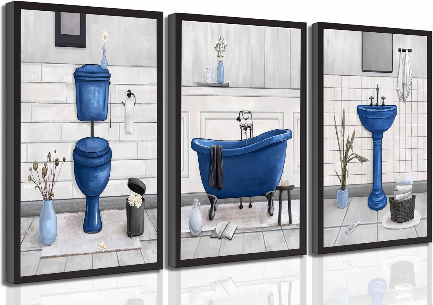 Navy Blue Bathroom Canvas Wall Art Paintings Fun Blue Bathtub and Toilet Paintings Pictures Wall Decor Posters Print Artwork for Washroom Restroom Home Decoration（Only canvas）