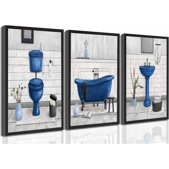 Navy Blue Bathroom Canvas Wall Art Paintings Fun Blue Bathtub and Toilet Paintings Pictures Wall Decor Posters Print Artwork for Washroom Restroom Home Decoration(Only canvas)