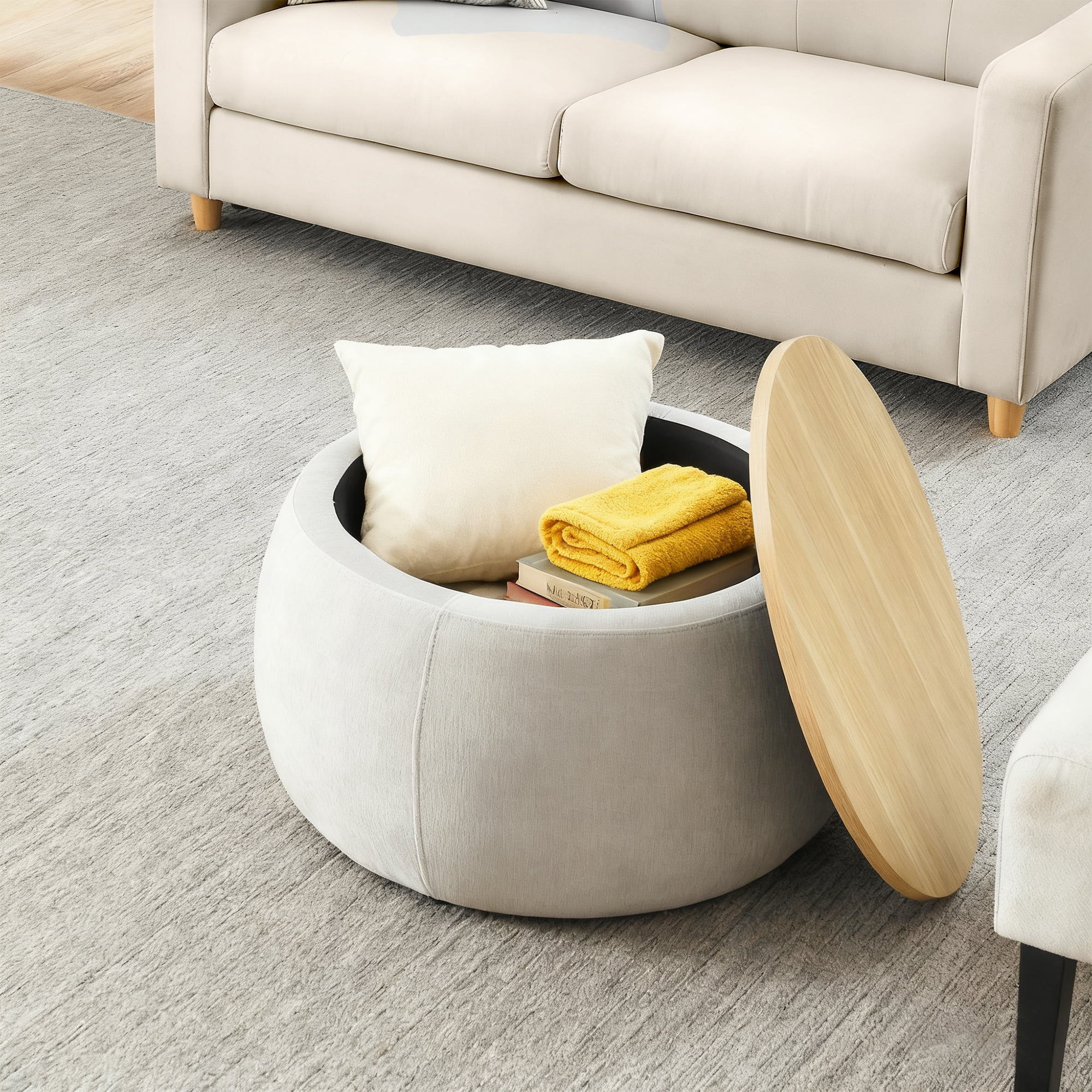 Aukfa 2pc Round Storage Ottoman, Chenille Upholstered Pouf Foot Rest Stools, Coffee End Table for Living Room, Bedroom, Dorm, Gray