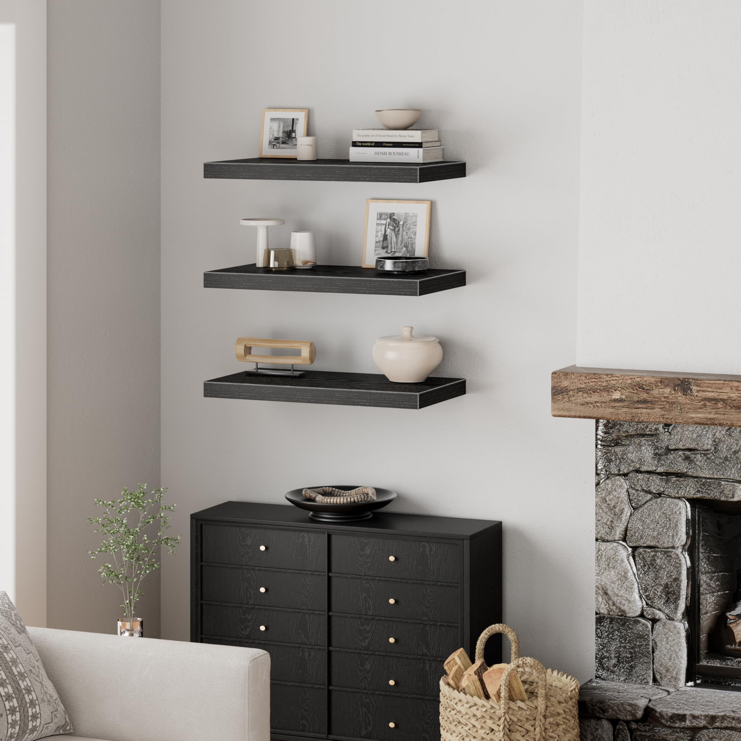 10" Deep Floating Shelves For Wall - 10 X 24 Inch Book Shelf Bathroom Bedroom Kitchen Living Room Hanging Bookshelf Farmhouse Set Of 3  Black (025-60b3)