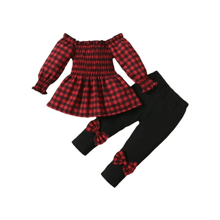 

Farrubbyine8 Toddler Baby Girl Christmas Plaid Long Sleeve Ruffle Tunic Top Dress Pants Clothes Set