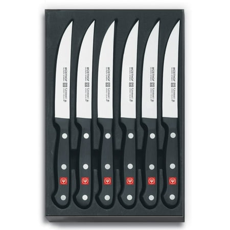 - Wusthof 4.5 Inch Steak Knife Set, Gourmet Series | Full Tang, High Carbon Stain Resistant Steel, Straight Edged Blade, 6 Piece Set