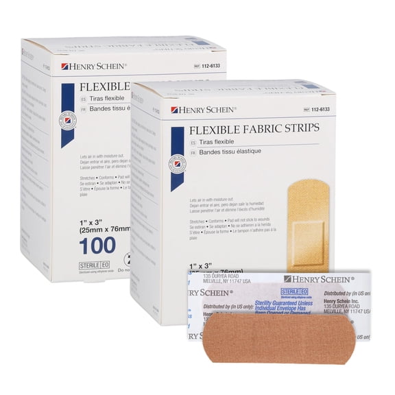 Henry Schein Sterile Adhesive Fabric Bandages, 1" x 3" – Box of 200 Flexible, Breathable Strips – Soft, Stretchable Wound Covers for First Aid, Medical Use, Clinics & Emergency Kits