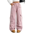 thumbnail image 3 of CYRBOKO Girls Cargo Pants with Pockets, Casual Loose Fit Outdoor Elastic Waist Wide Leg Pants Pink Size 14-15 T, 3 of 7