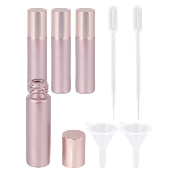 4Pcs Essential Oil Roller Bottles 8.55x2cm Pink Glass Roller Bottles Refillable Perfume Vials with Plastic Dropper Funnel Hopper Travel Containers for Fragrance Storage Daily Use DIY