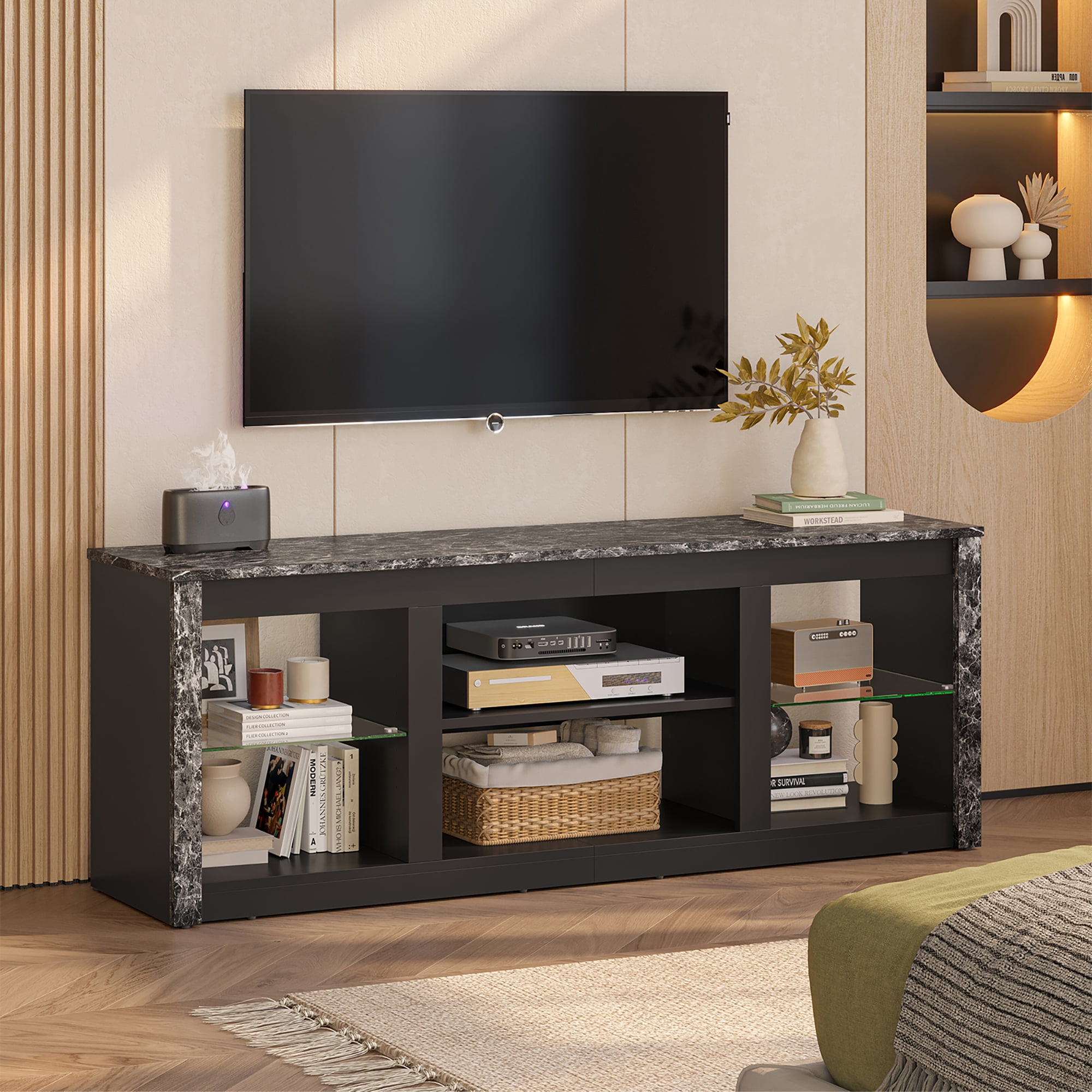 Bestier LED TV Stand for TVs up to 70", Entertainment Center with Storage Shelves, Black Marble
