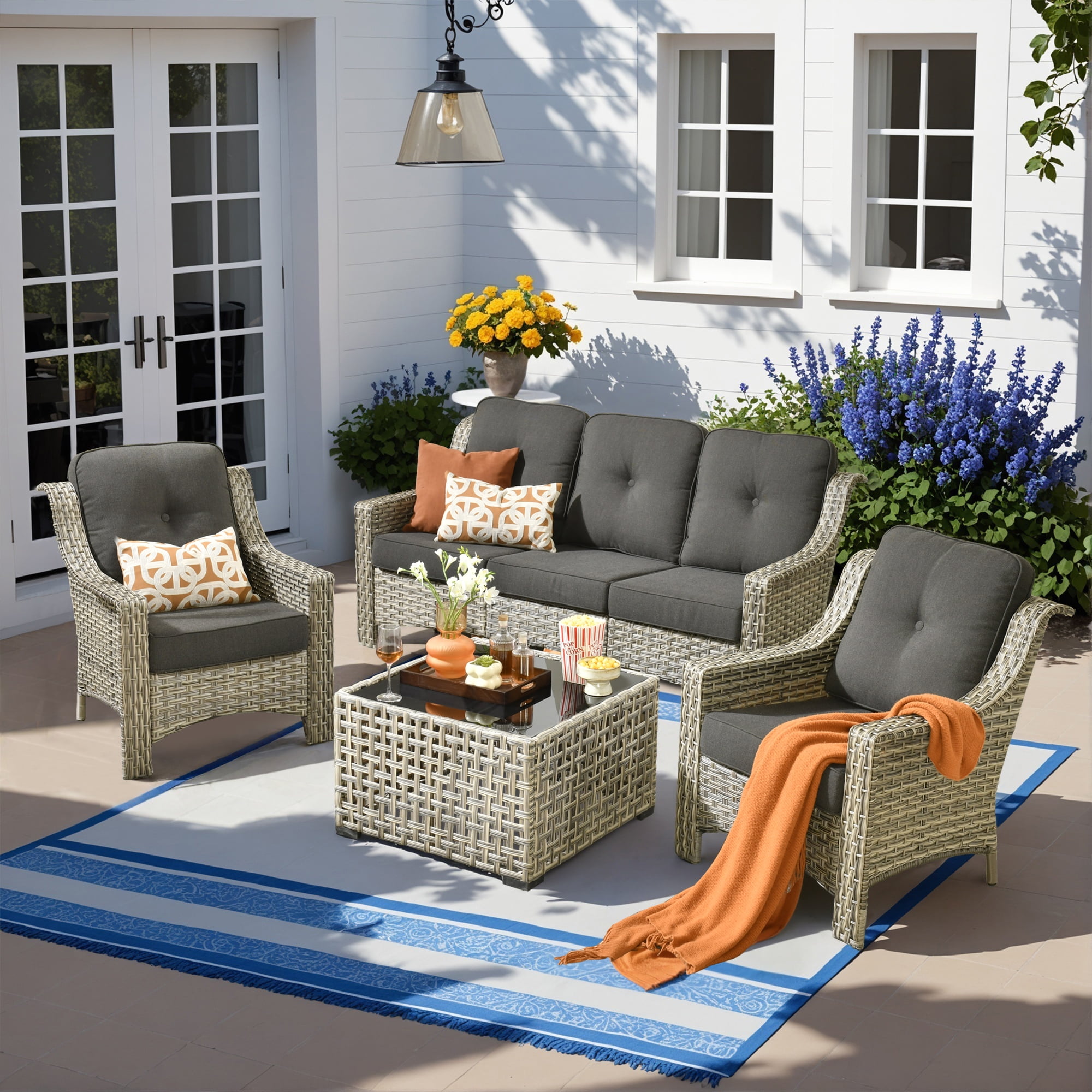 Vcatnet 4 Pieces Patio Outdoor Conversation Set High Back Wicker Rattan Furniture Outdoor Sectionals with Coffee Table, Black