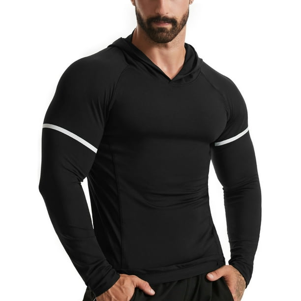 Innerwin Winter Gear Running T-Shirt Solid Color Mens Compression T Shirts  Gym Hooded Neck Soft Baselayer Tops Black S