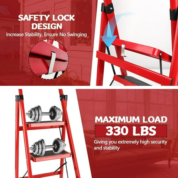 3/4/5Step Ladder Folding, Step Stools for Adults with Wide Anti-Slip Pedals, Curved Cushioned Handrail and Safe-Lock Design, Heavy Duty Portable Multi-Purpose Ladders for Home, Kitchen, Household