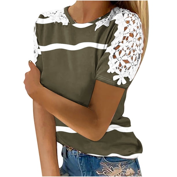 Camisas de Manga Corta para las Mujeres Impresión Cuello Redondo Suéter Encaje Camisa, Blusa de Verano Casual para las Mujeres