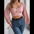 thumbnail image 4 of Blusa Corta con Volantes, Cuello Cuadrado y Fruncido para Mujer, Larga y Lazo Anudado Rosa M, 4 of 10