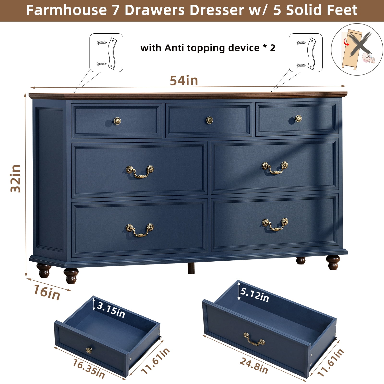 Joaxswe 7 Drawer Dresser for Bedroom, 54