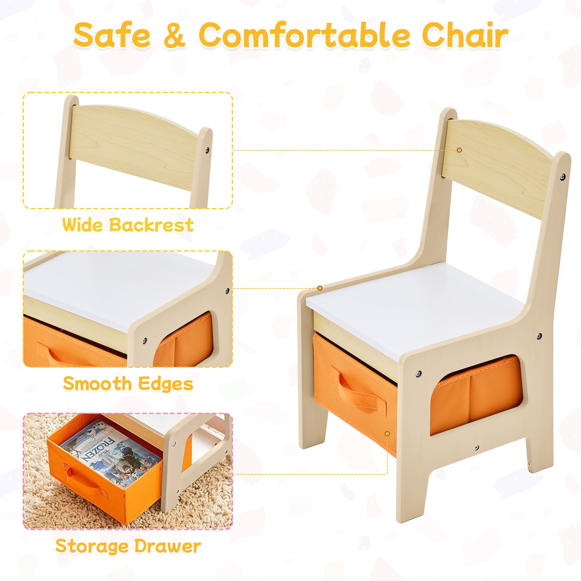 Kids Table and 2 Chair Set, 4 in 1 Wooden Toddler Table and Chair Set with Storage Drawer, Detachable Tabletop for Children Drawing/Reading/Art Craft, Home, Nursery, Playroom (Natural)