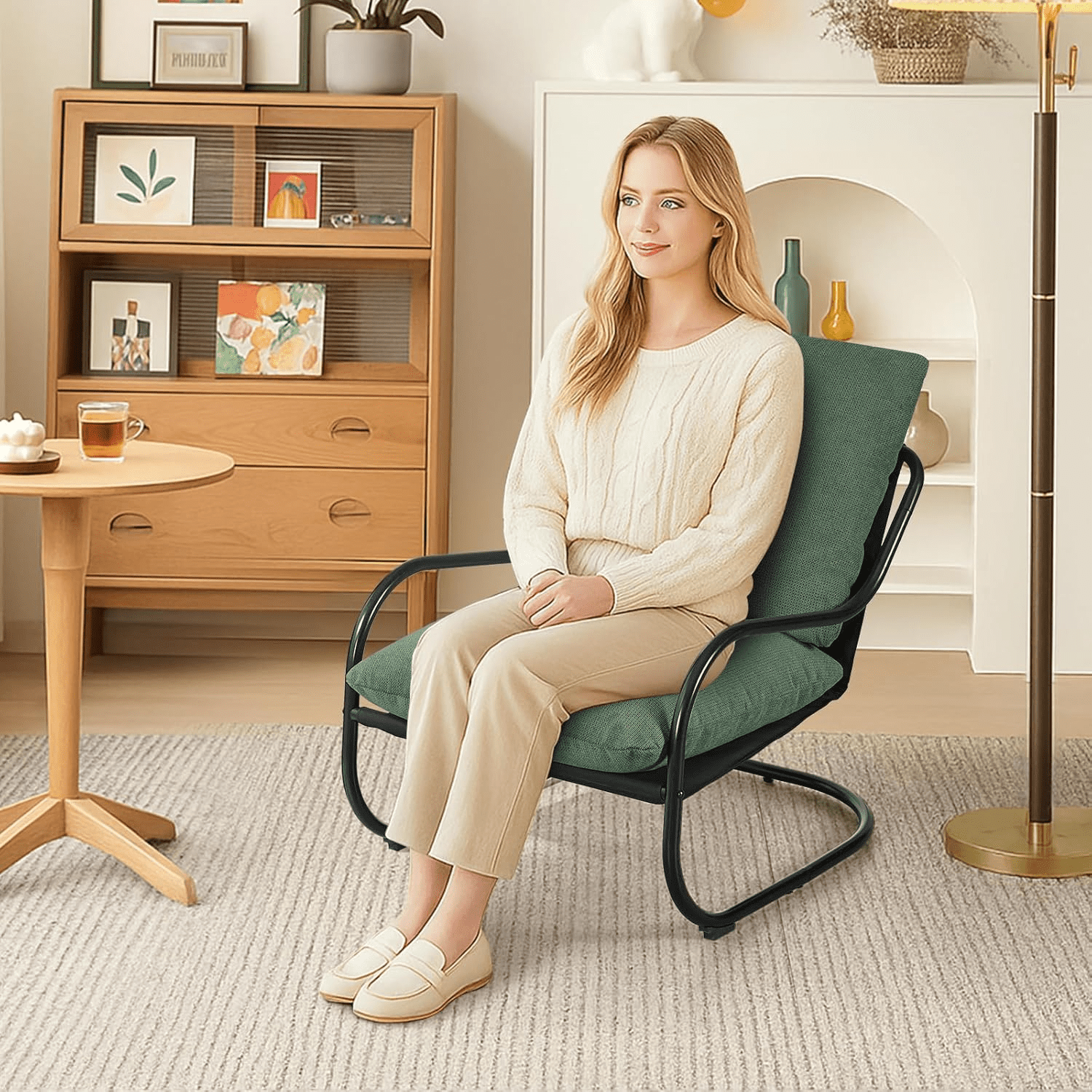 Gewnee Ergonomic Low Profile Accent Armchair, Heavy-Duty Metal Frame Upholstered Reading Side Chair, Space-Saving for Living Room Bedroom Office, Green