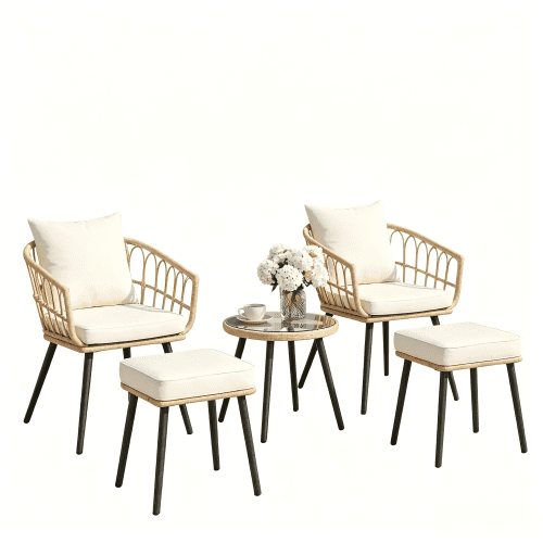 5-Piece Outdoor PE Rattan Wicker Conversation Bistro Set, All-Weather Small Patio Furniture with 2 Chairs, 2 Ottomans and Coffee Table for Balcony, Porch, Deck, Yard and Poolside