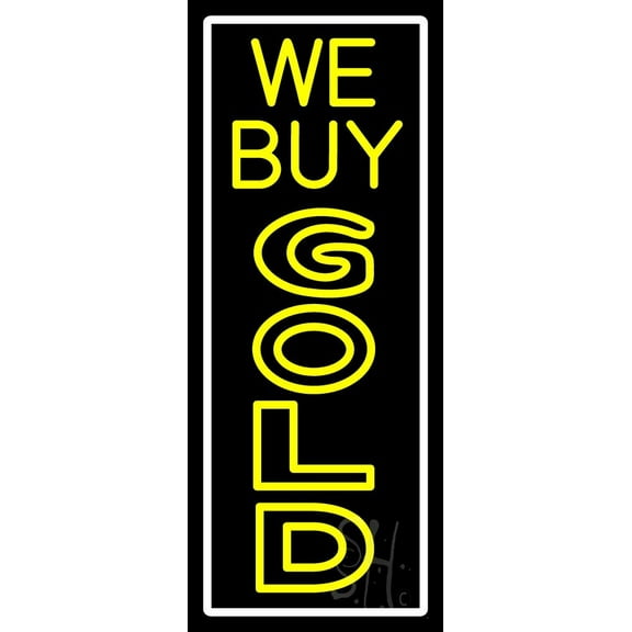 Vertical We Buy Gold LED Neon Sign 24 x 10 - inches, Black Square Cut Acrylic Backing, with Dimmer - Bright and Premium built indoor LED Neon Sign for Pawn store interior decor, and stroefront.