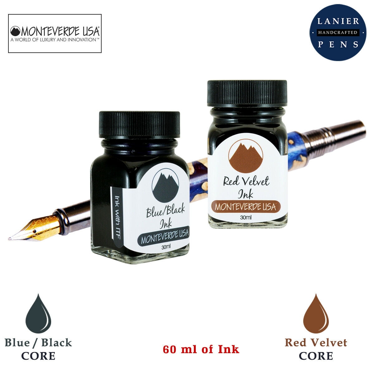 Monteverde 60ml Core Fountain Pen Ink Bottle (30ml Blue/Black Ink Bottle G309BB, 30ml Red Velvet Ink Bottle G309RV)