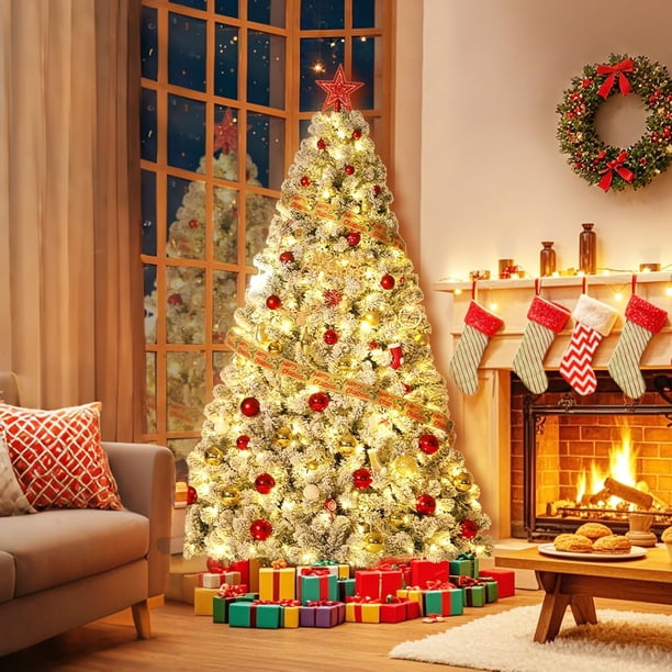 7.5 ft prelit artificial snow-flocked pvc christmas tree con 450 warm blanca lights, 1050 tips, y foldable stand para oficina en casa, party, y holiday decorations