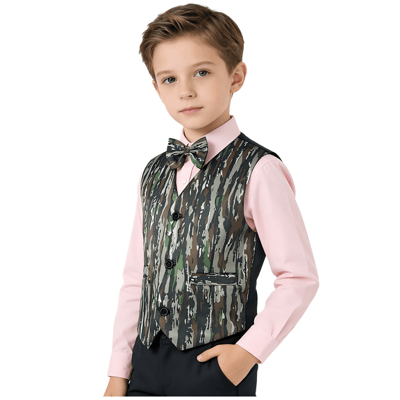 Boys 3 Button 1 Piece Sleeveless Camouflage Vest Bow Tie Combo Lightweight Formal Casual Wear(Brown Green 2T)