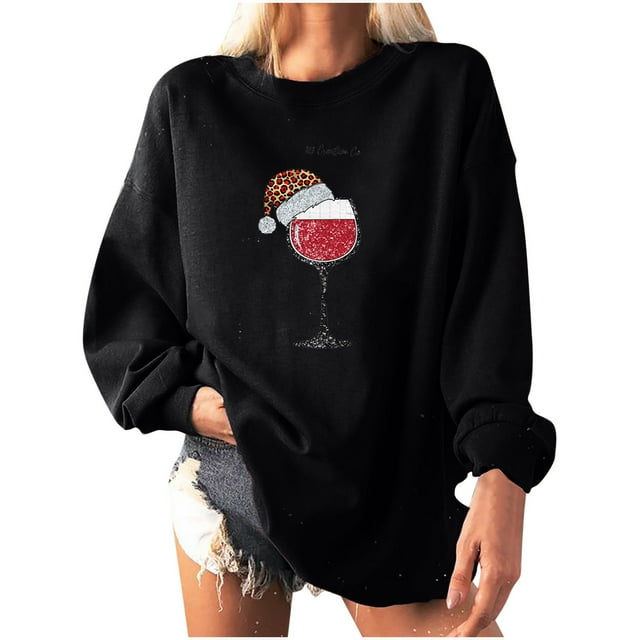 Pompotops Women Christmas Print Loose O-Neck Long-Sleeved Fleece Oversized Sweatshirt Pullover