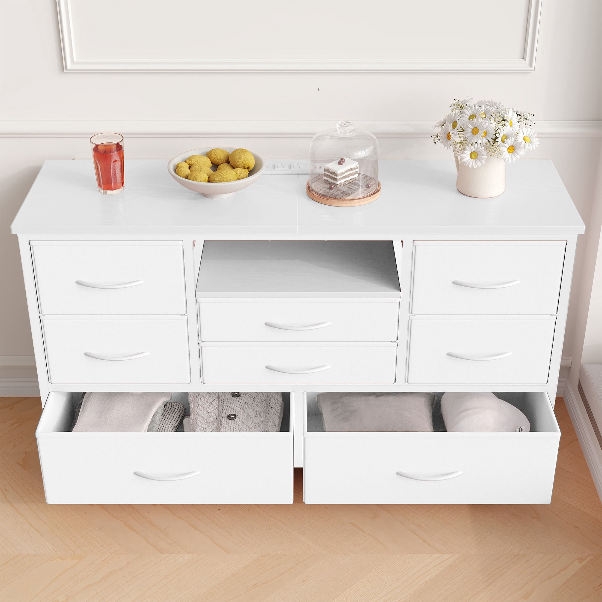 KOKEBREN 47.4"Wide Dressers for Bedroom 8 Fabric Drawers Dresser with LED lights & Power Outlet TV Stand for 55" TV,White