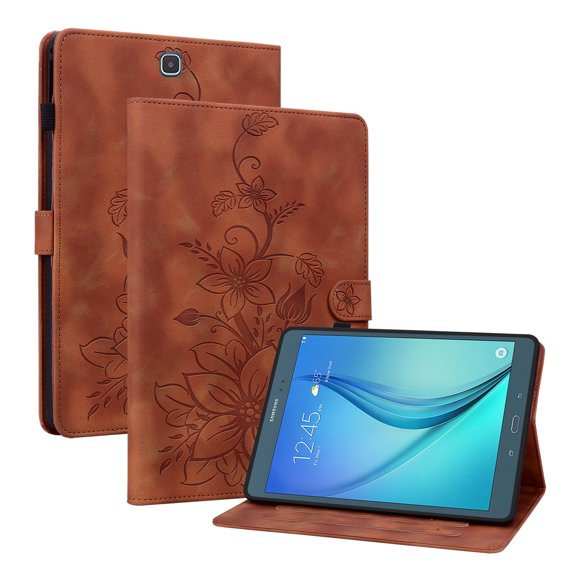 FJLBDE Case for Samsung Galaxy Tab S2 9.7 inch 2015 SM-T810, Embossed Flower PU Leather Flip Wallet Folio Stand Cover, Brown