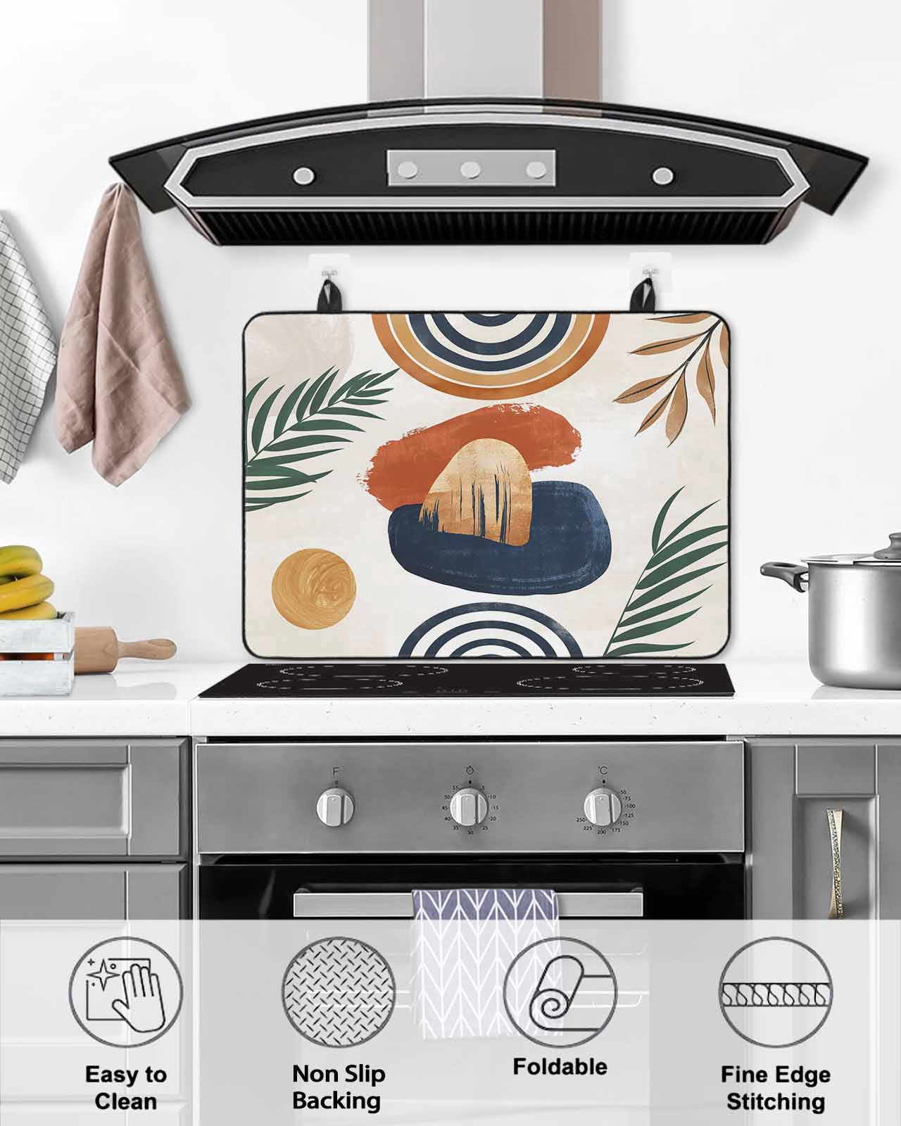 Large Induction Cooktop Protector Mat Boho Stove Top Covers for Electric Stove, Bohemia Middle Century Leaves Abstract Minimalist Beige Decorative Stove Burner Cover Mats, Glass Top Stove Cover