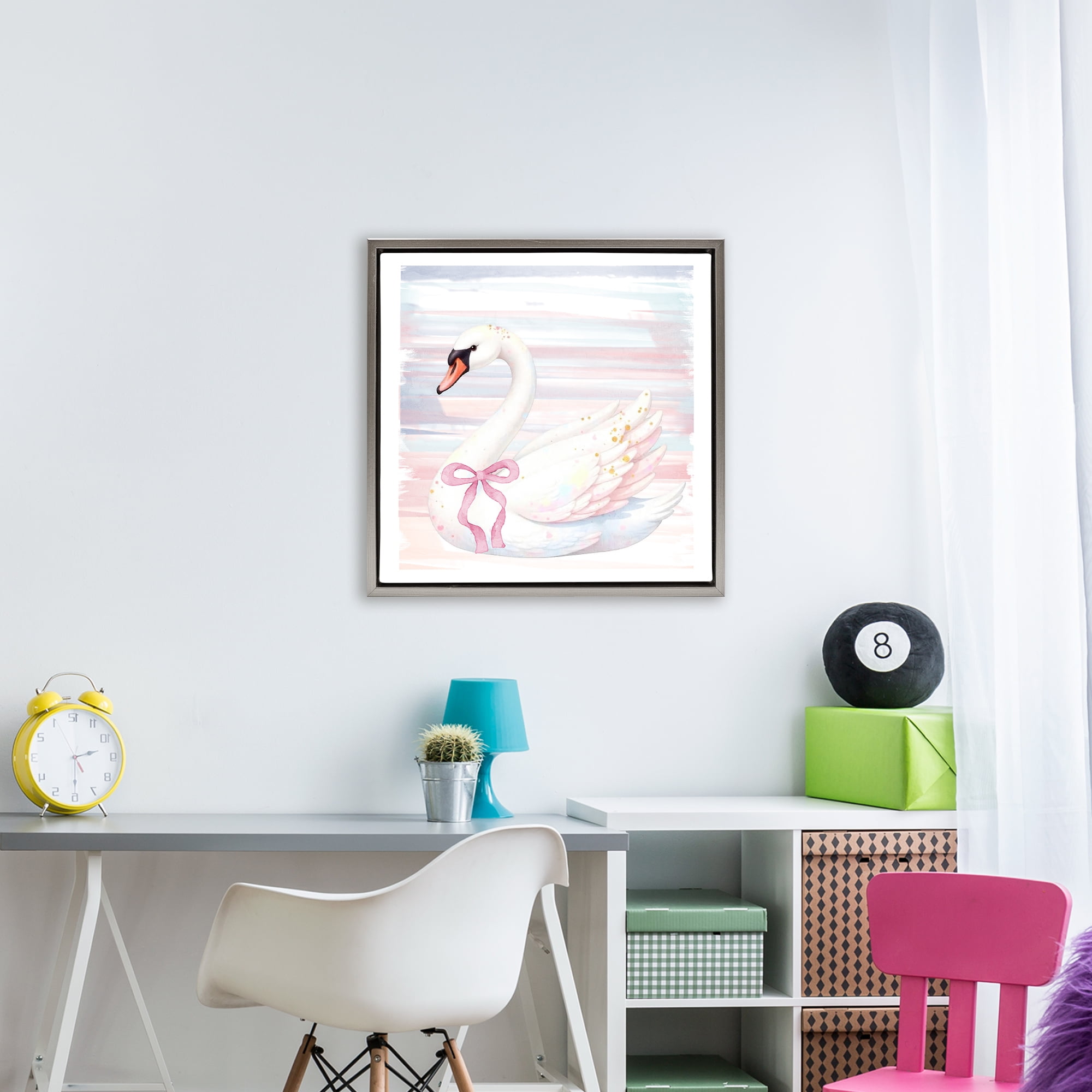 Pastel Swan with Ribbon Gray Framed Floater Canvas Wall Art, design by Kim Allen